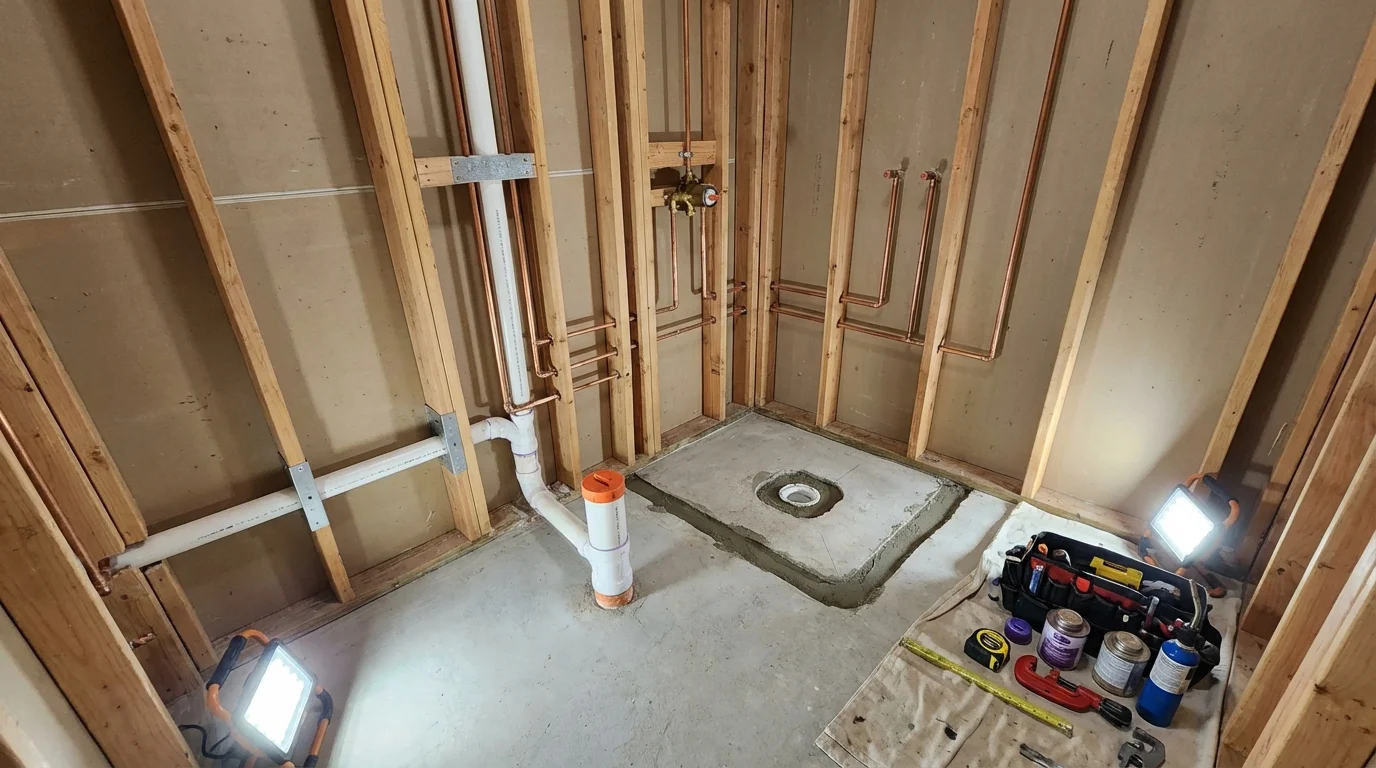 Bathroom rough-in plumbing during remodel by Johns Plumbing LLC in Lake Village