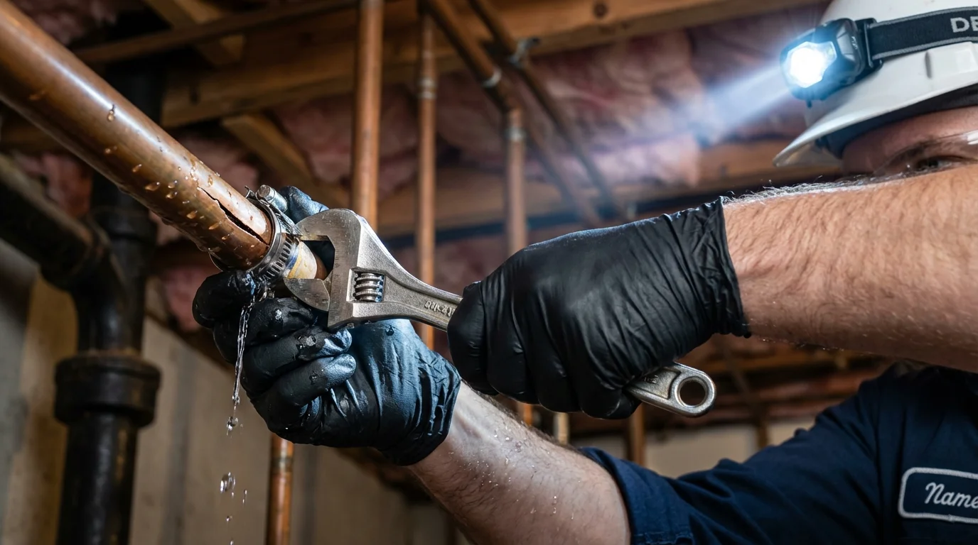 Emergency pipe clamp repair being performed by a Johns Plumbing LLC plumber in Lake Village