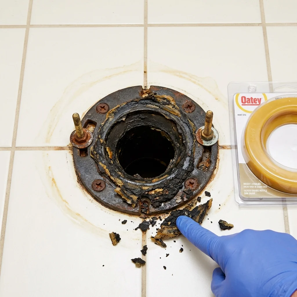 Failed wax ring showing water seepage at the base of a toilet in a Lake Village, AR home