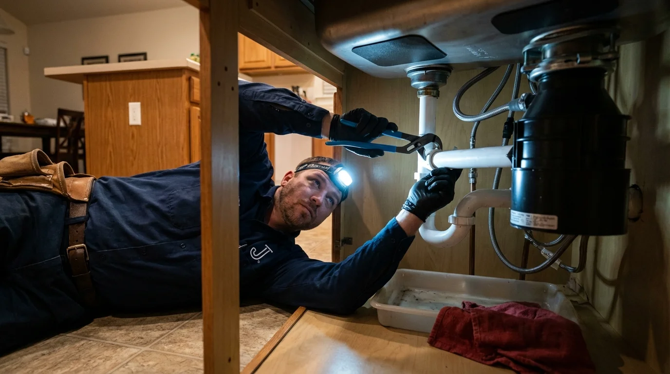 P-trap and supply line connections under a kitchen sink showing a common leak point in Lake Village, AR